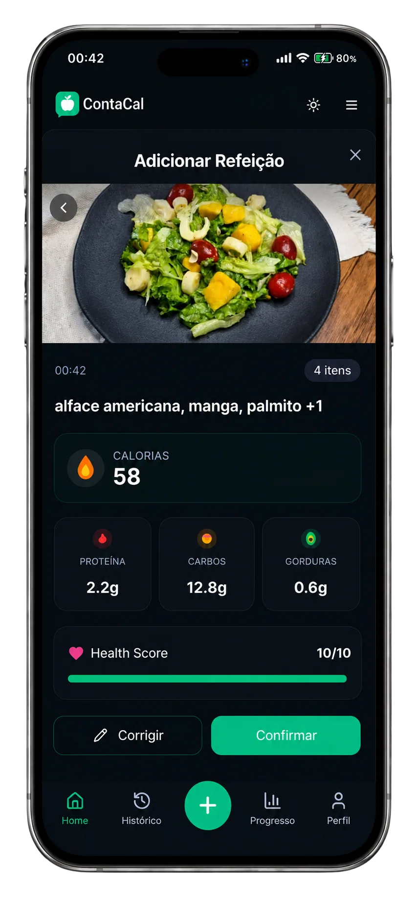 App de contar calorias por foto: análise da refeição com calorias, proteínas, carboidratos e gorduras