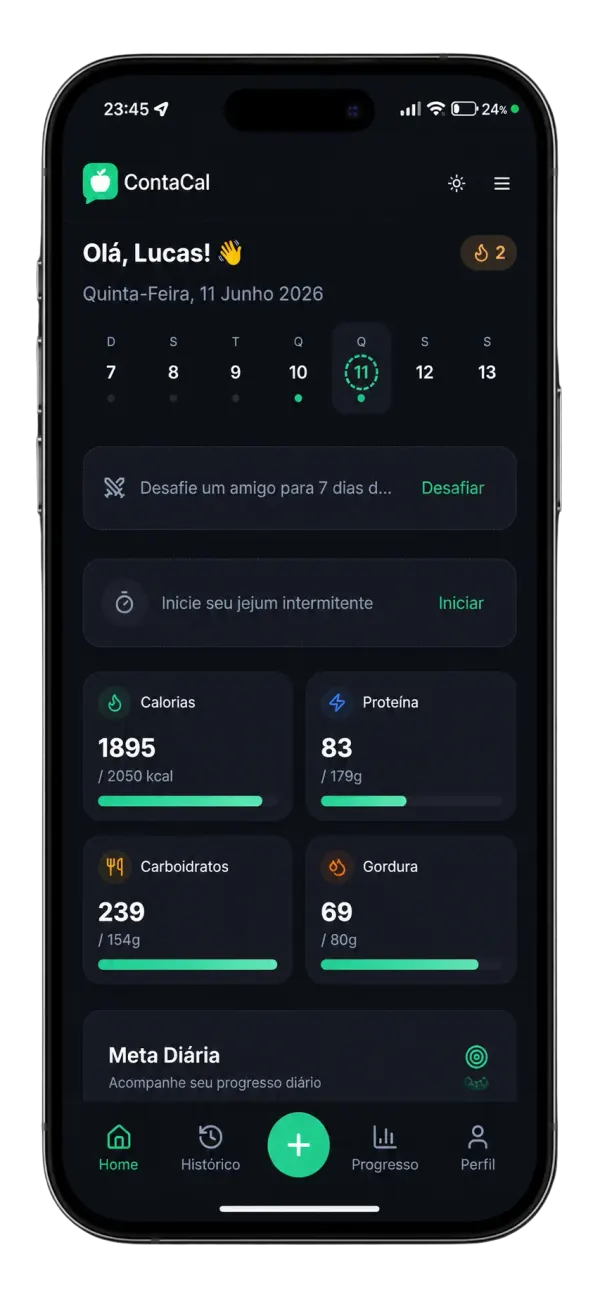Painel do ContaCal no modo escuro com metas diárias de calorias e macros