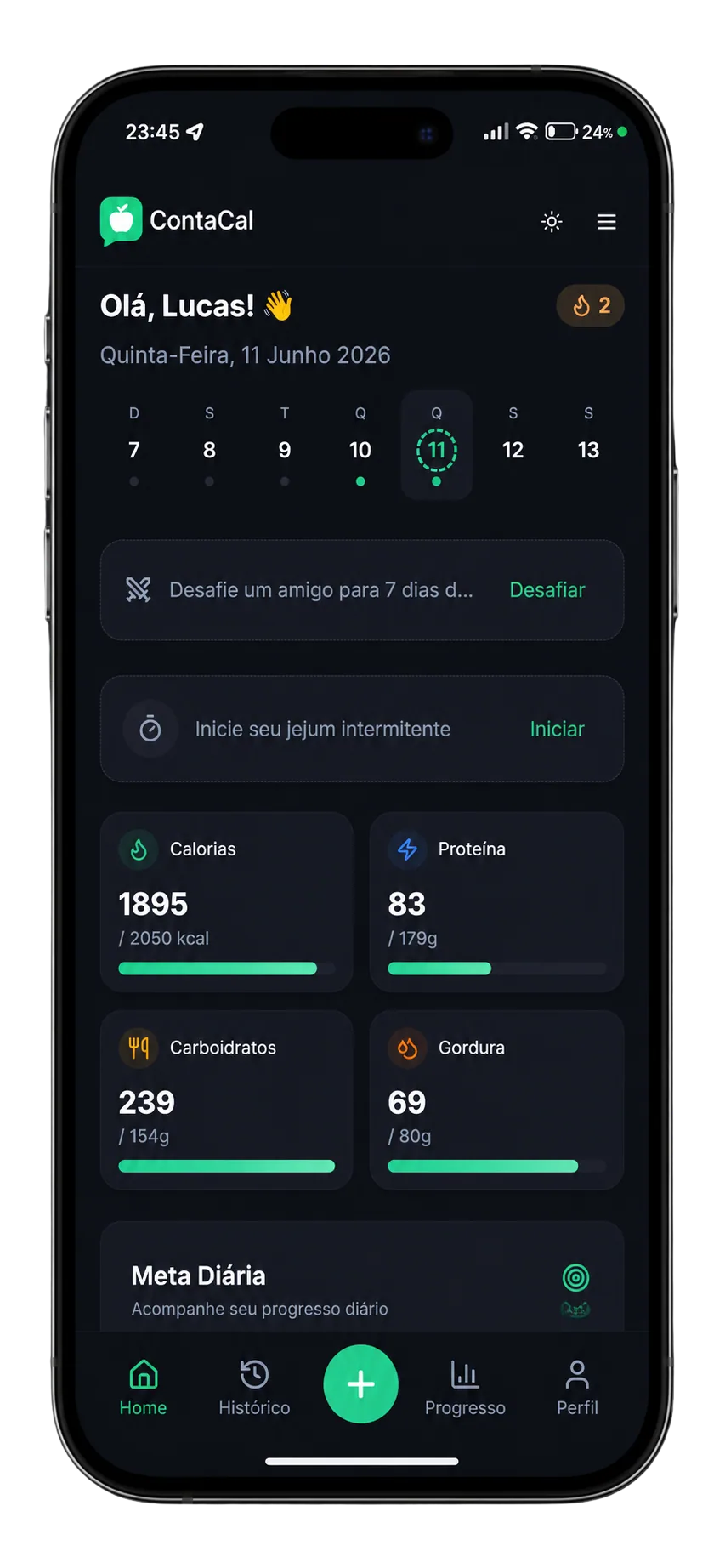 Painel do ContaCal no modo escuro com metas diárias de calorias e macros