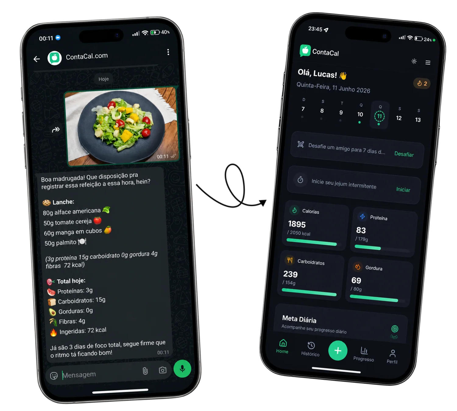 ContaCal no WhatsApp e no app: registre a refeição por foto e veja calorias e macros