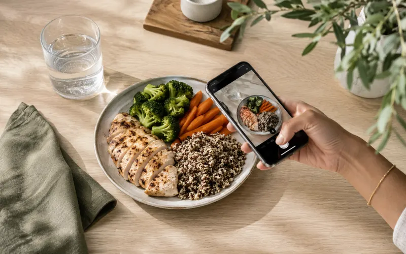 Pessoa fotografando com o celular um prato de frango grelhado, brócolis, cenoura e quinoa
